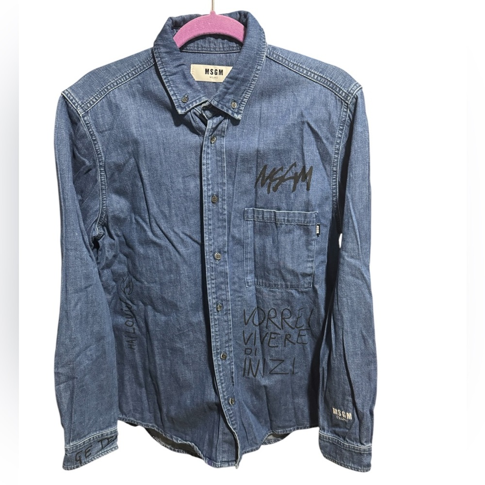 M.S.G.M.Funny prints denim button-down shirt 40 Large Denim Top Long Sleeve